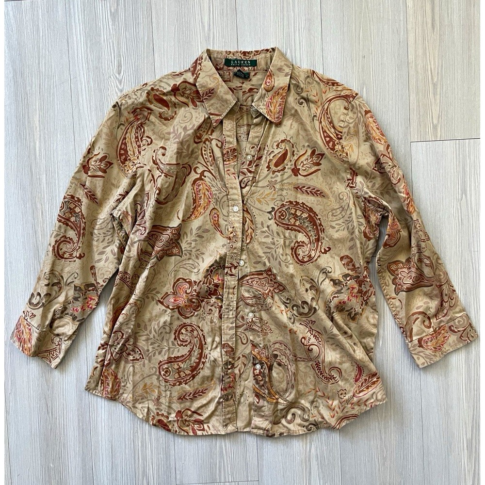 Lauren Ralph Lauren Beige Cotton Woven Paisley Collared Button-Up Sz  XL Preppy
